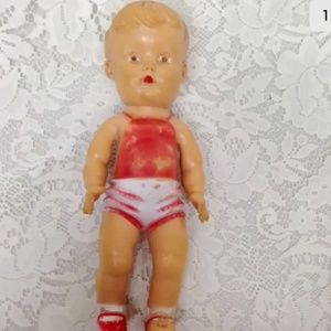 Vintage, 1940s Sun Rubber Doll in Red and White Playsuit